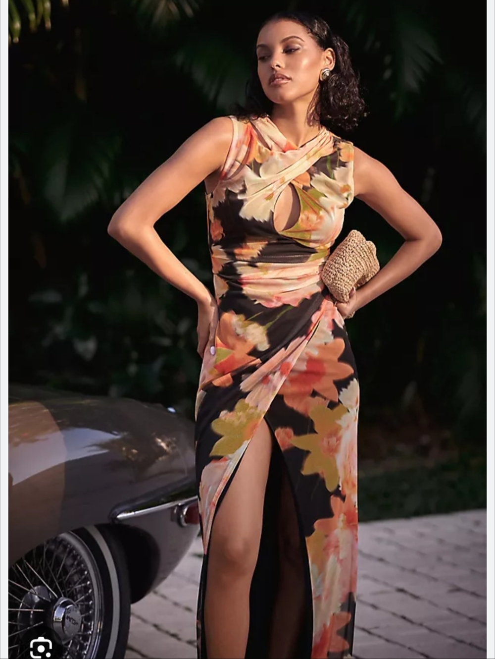 Black Halo Eve‎ Anthropologie Ruched Mesh Floral  Slit Formal Dress Size 6